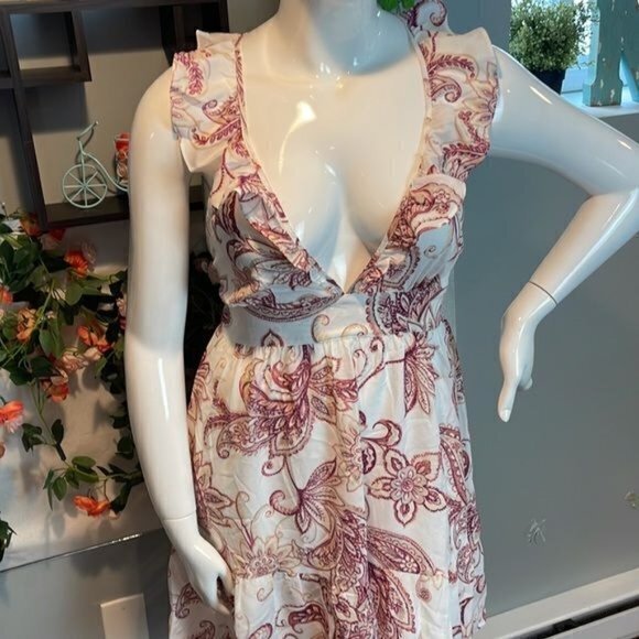 Cupshe Plunge Ruffle Fitted Waist Tie A-Shape Dress White Pink Size Large‎ - Picture 6 of 14